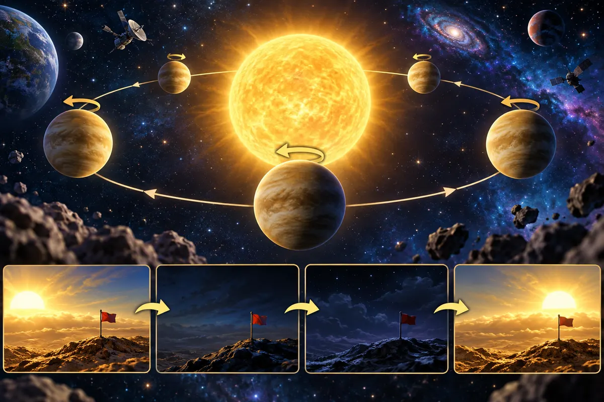 自転と公転の組み合わせで、金星の「日の出から日の出」は約117日になる