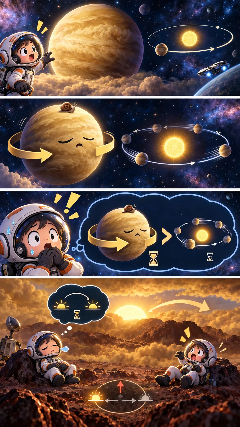 【逆転】金星では「1日」が「1年」より長い。しかも太陽は西から昇るの4コマ漫画