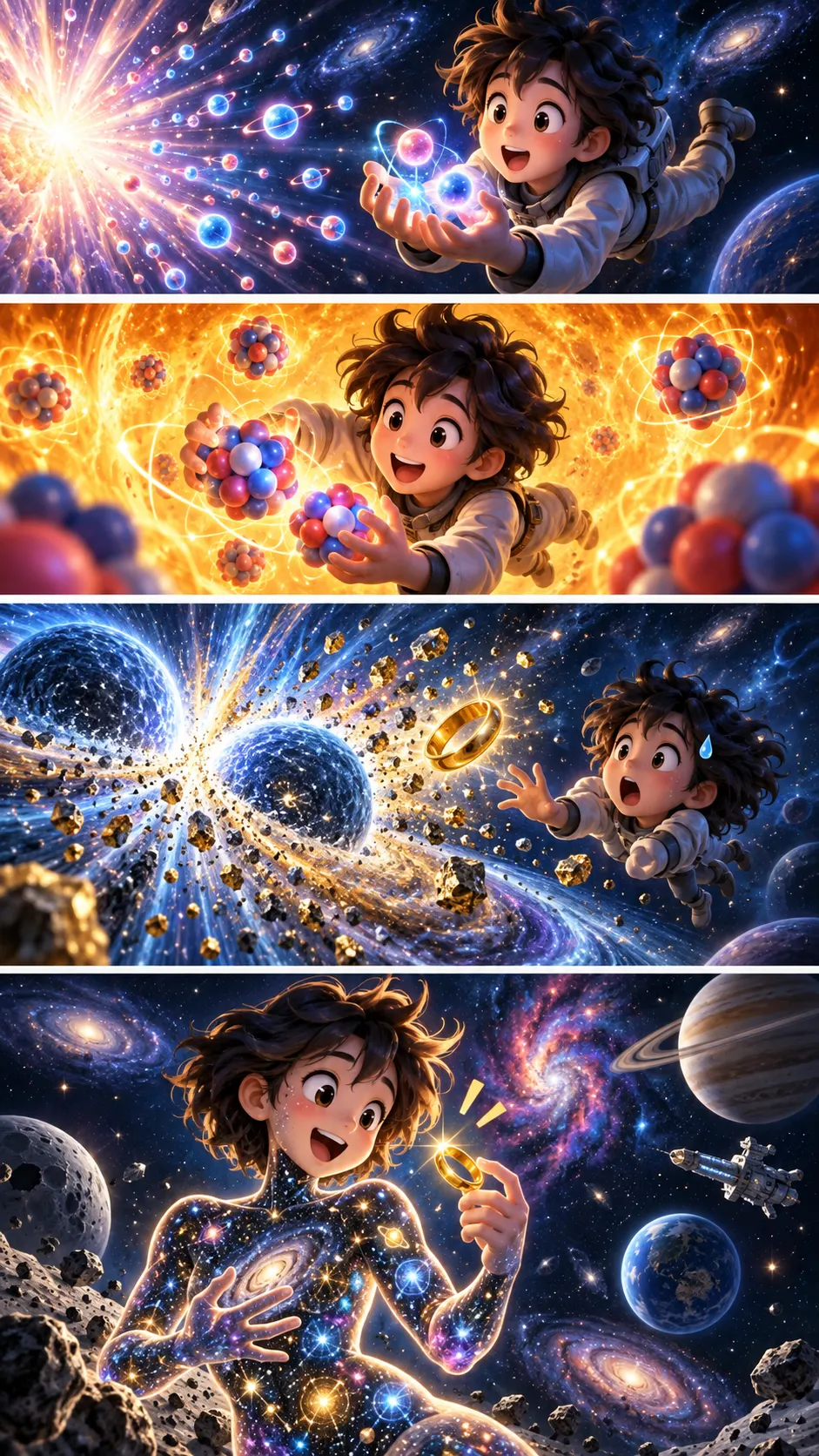 あなたの体の原子は、むかし星の中で作られた。金の指輪は“星の衝突”のおみやげの4コマ漫画