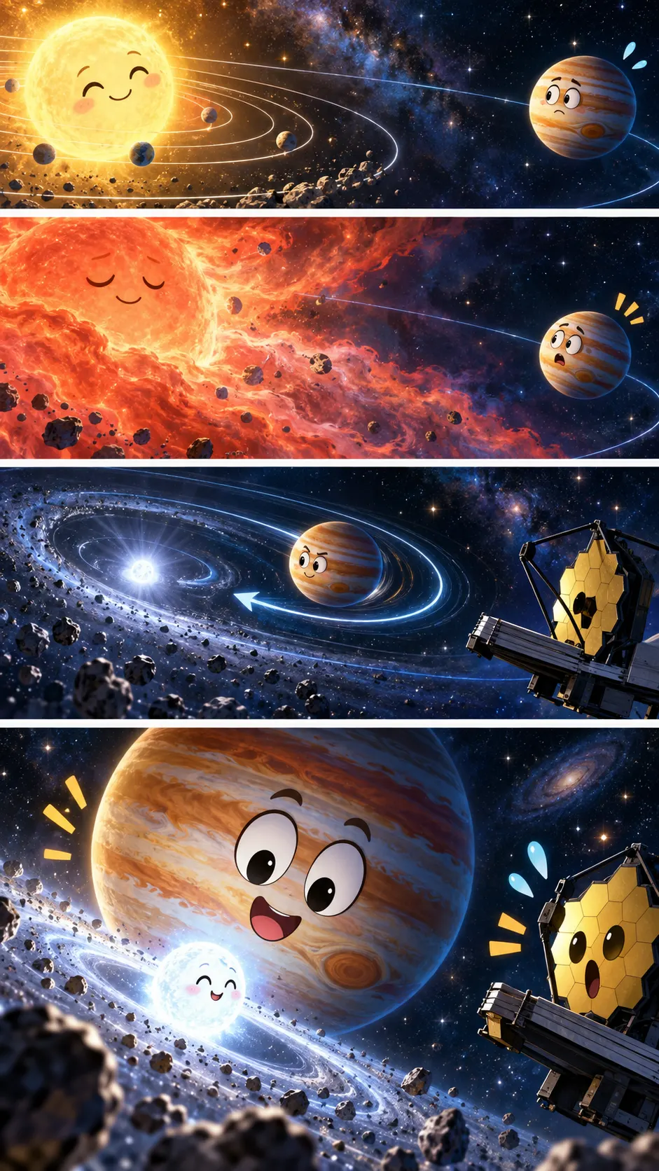 死んだ星を生きのびた「木星」がいた。ウェッブ望遠鏡が見た“50億年後の太陽系”の予告編の4コマ漫画