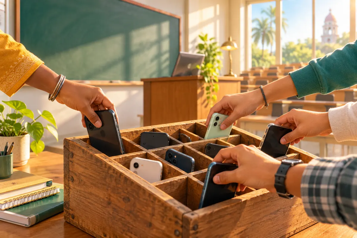 授業の初めに、全員のスマホを木箱へ（イメージ）