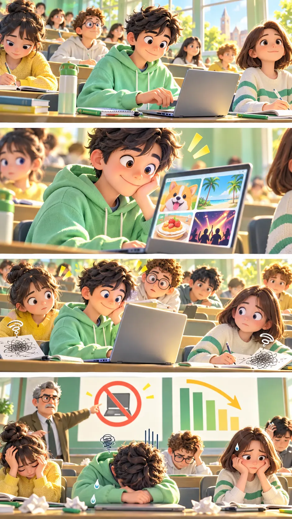 授業中のノートPC、自分だけじゃなく「後ろの席の人」の点まで下げていたの4コマ漫画