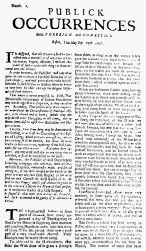 1690年9月25日にボストンで発行された新聞「パブリック・オカレンシズ」の1ページ目