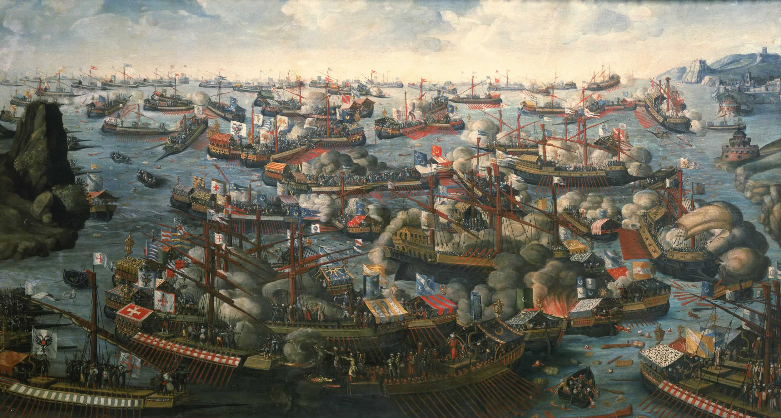 1571年のレパントの海戦を描いた16世紀の油絵。たくさんのガレー船が入り乱れて戦っている