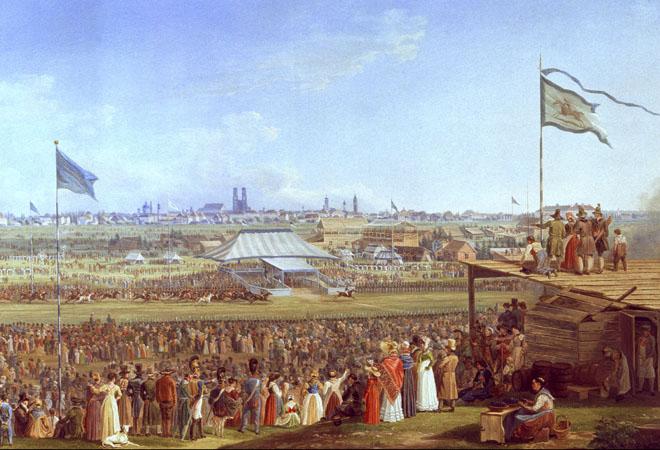 1823年、ミュンヘンのオクトーバーフェストで行われた競馬を描いた絵
