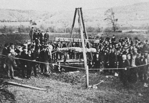 1869年10月、ニューヨーク州カーディフの農場で掘り出されるカーディフの巨人