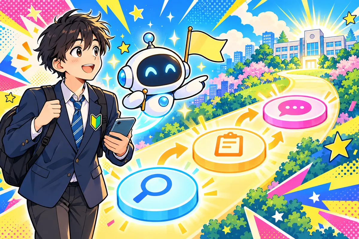 若葉マークをつけた高校生をAIのキャラクターが案内するイラスト