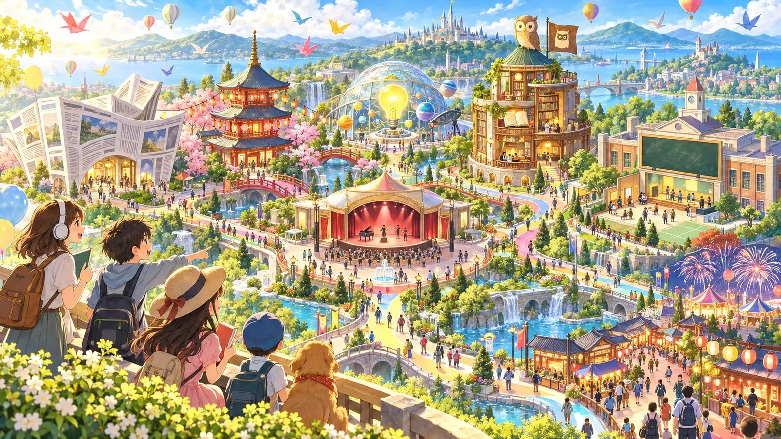 英語学習のテーマパークのように、いろいろなパビリオンが並ぶ絵