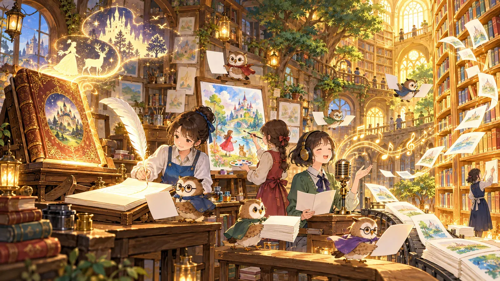 古い本の物語が、やさしい英語・挿絵・音声になって本棚へ飛んでいく工房の絵