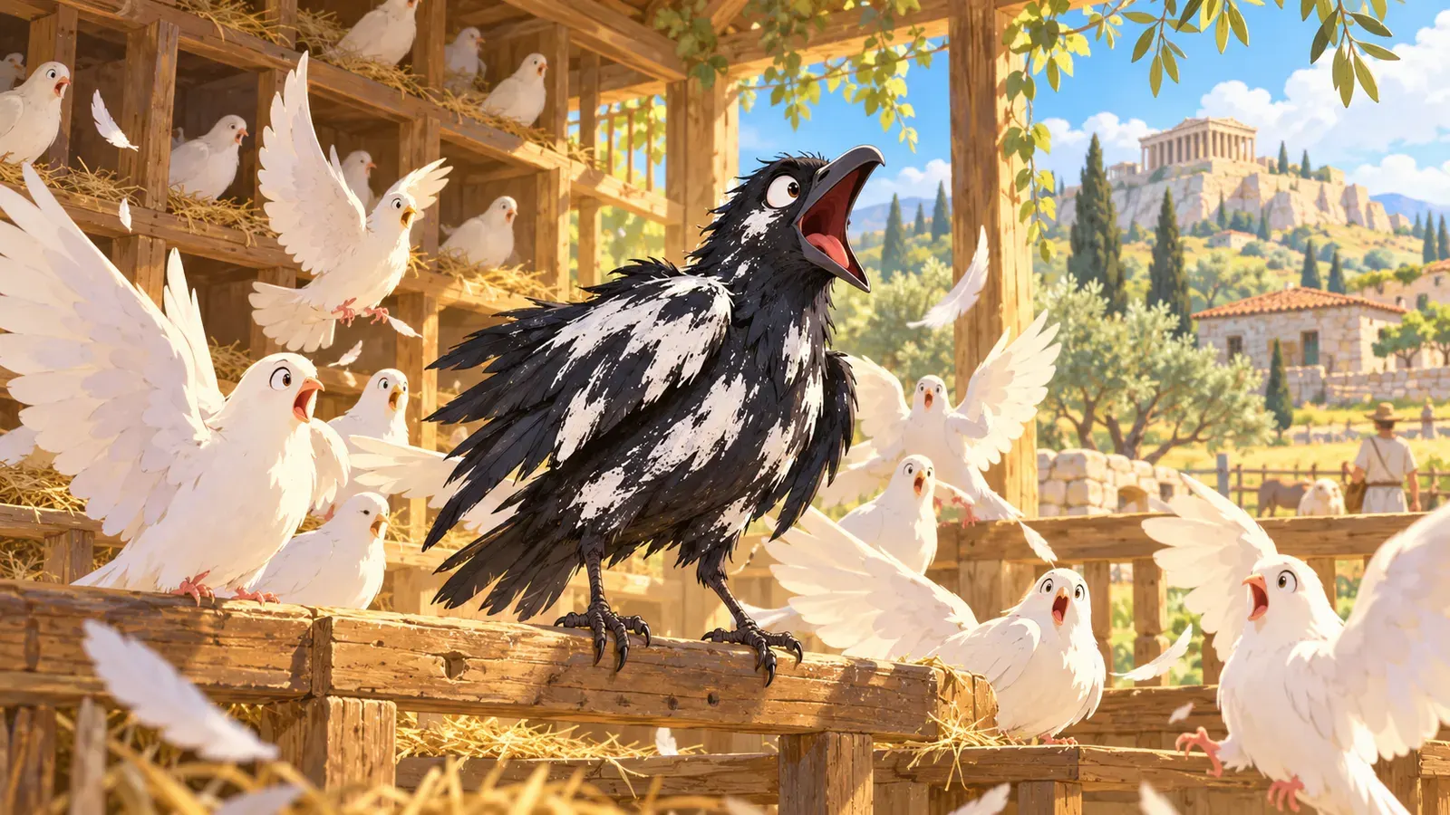 The Crow and the Doves(カラスとハト(コクマルガラスとハト))の挿絵