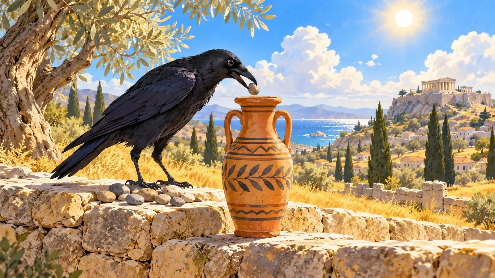 The Crow and the Pitcher（カラスと水差し）の挿絵