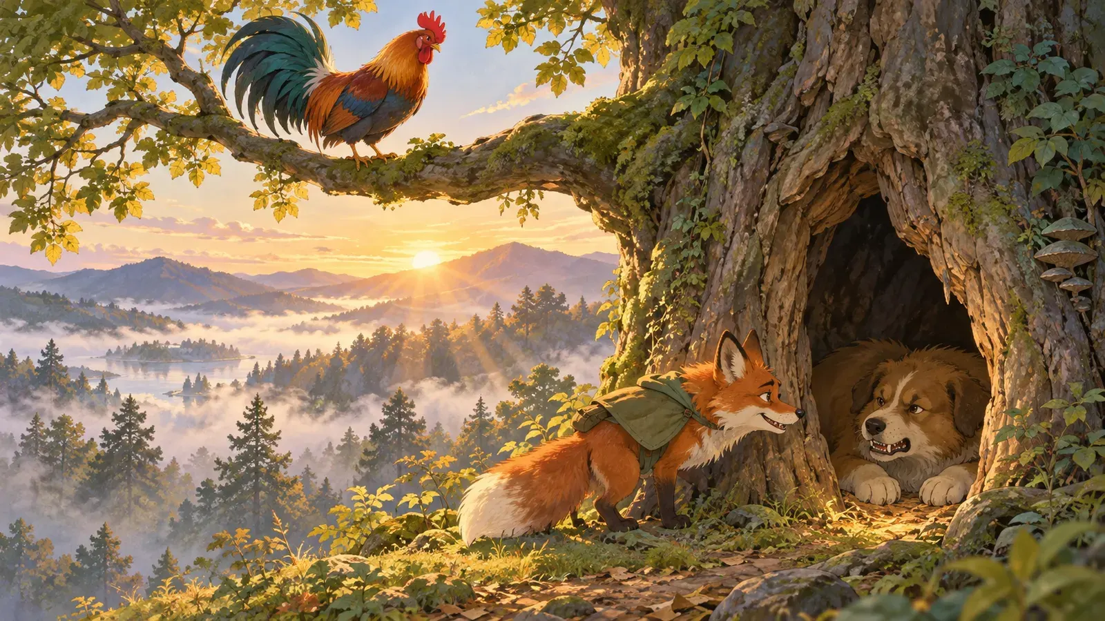 The Dog, the Rooster, and the Fox(イヌとオンドリとキツネ)の挿絵