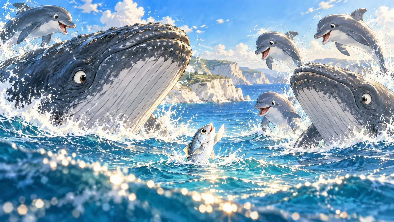 The Dolphins, the Whales, and the Little Fish（イルカとクジラと小魚）の挿絵