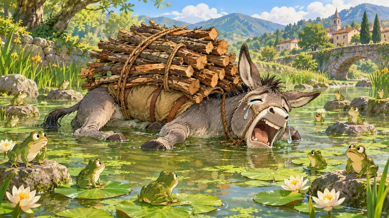 The Donkey and the Frogs(ロバとカエル)の挿絵