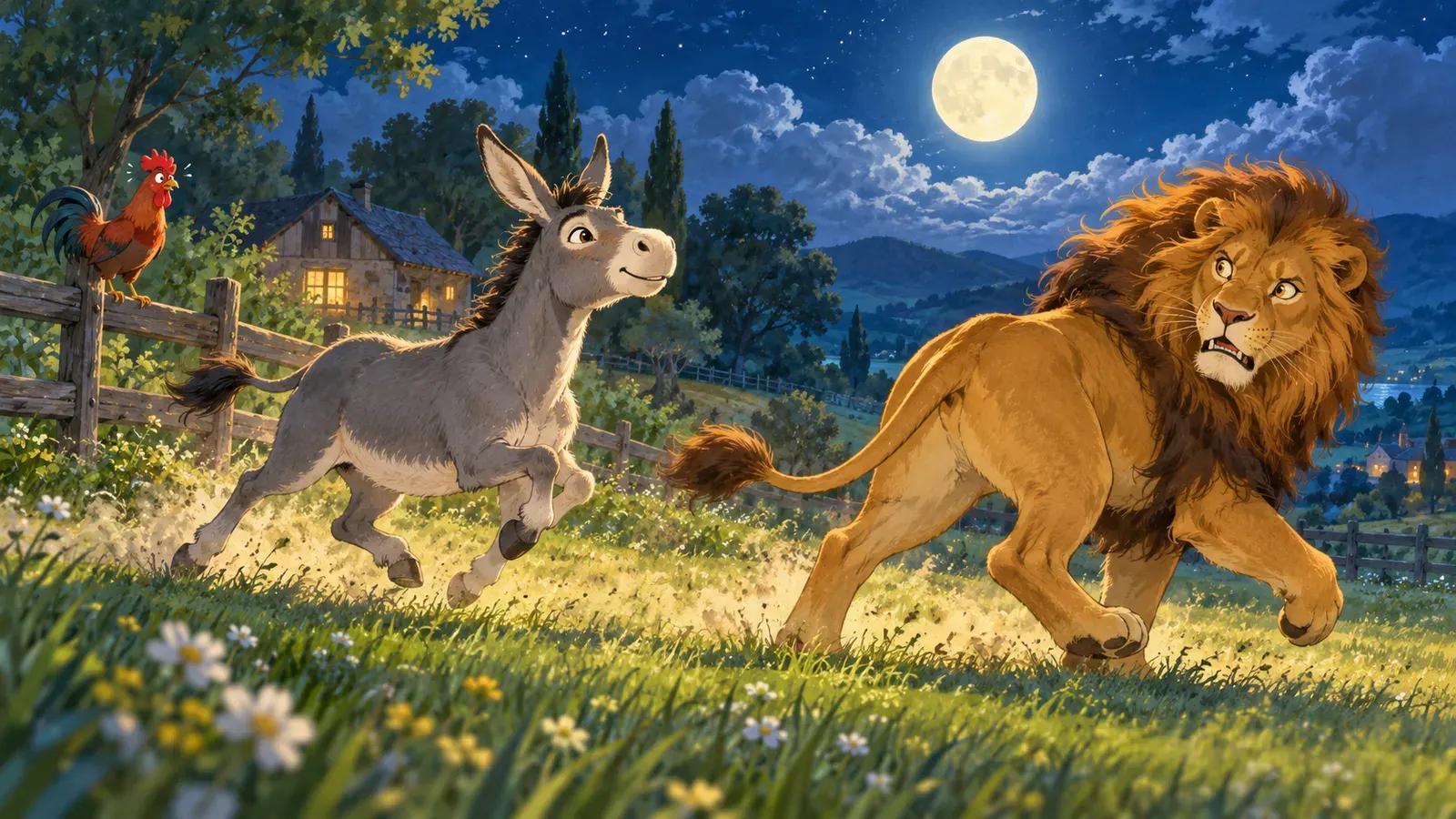 The Donkey, the Rooster, and the Lion(ロバとおんどりとライオン)の挿絵