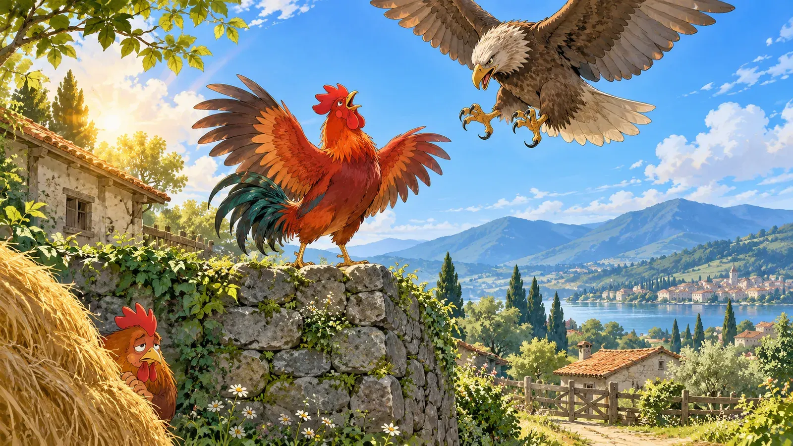 The Fighting Roosters and the Eagle（けんかするおんどりとワシ）の挿絵