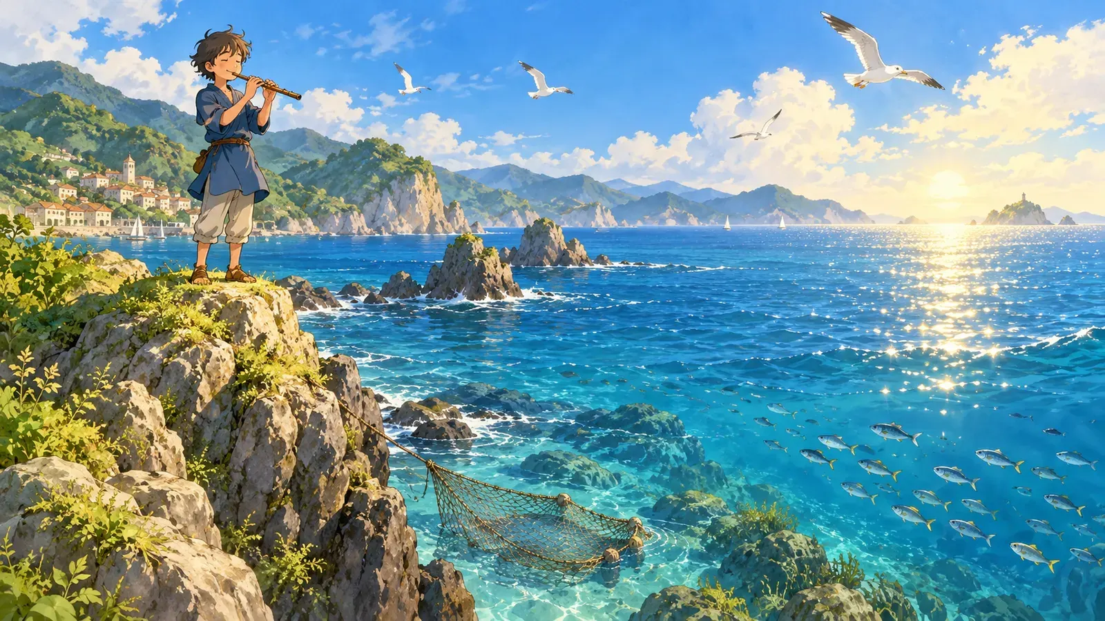 The Fisherman and His Flute（笛を吹く漁師）の挿絵