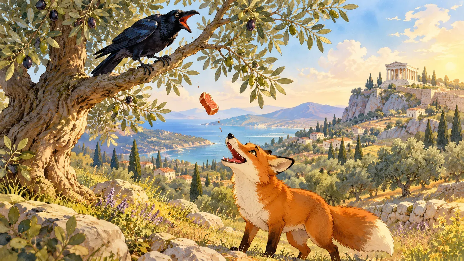 The Fox and the Crow（キツネとカラス）の挿絵