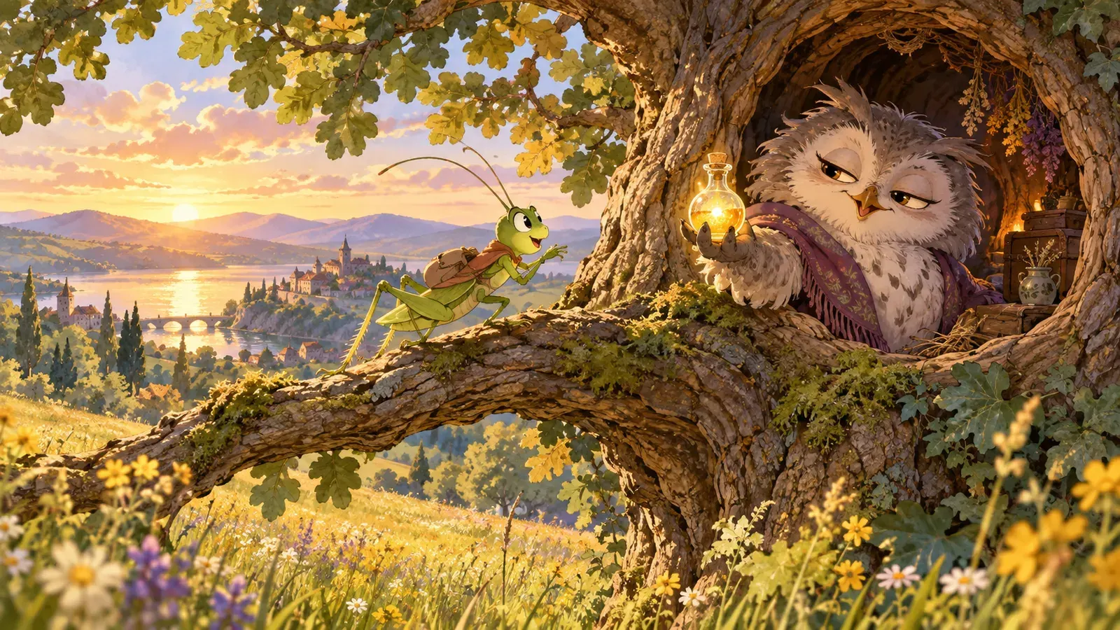 The Grasshopper and the Owl(キリギリスとフクロウ)の挿絵