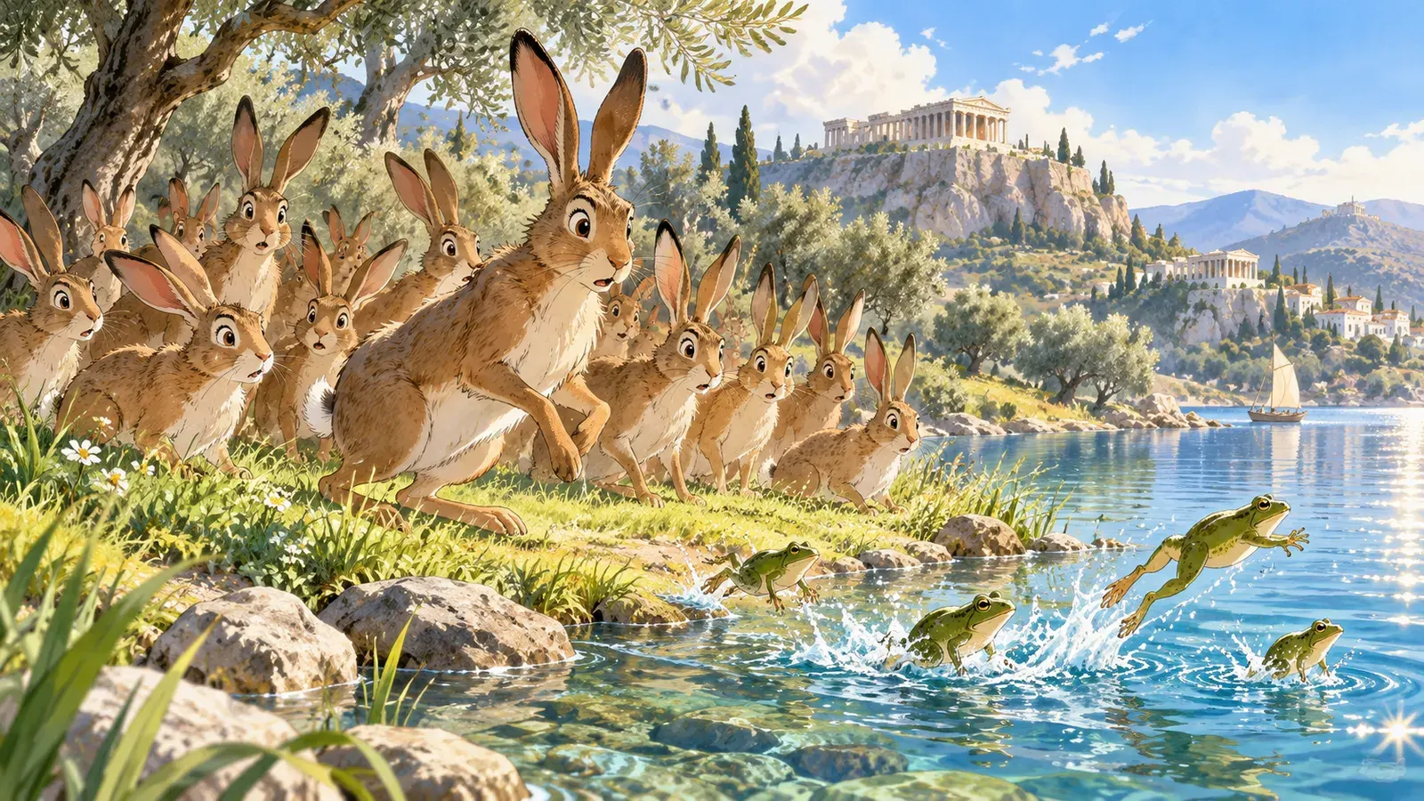 The Hares and the Frogs(ウサギとカエル)の挿絵