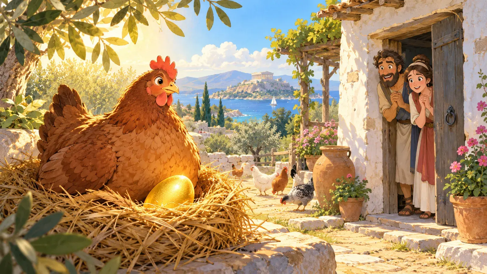 The Hen and the Golden Eggs（金の卵を産むニワトリ）の挿絵