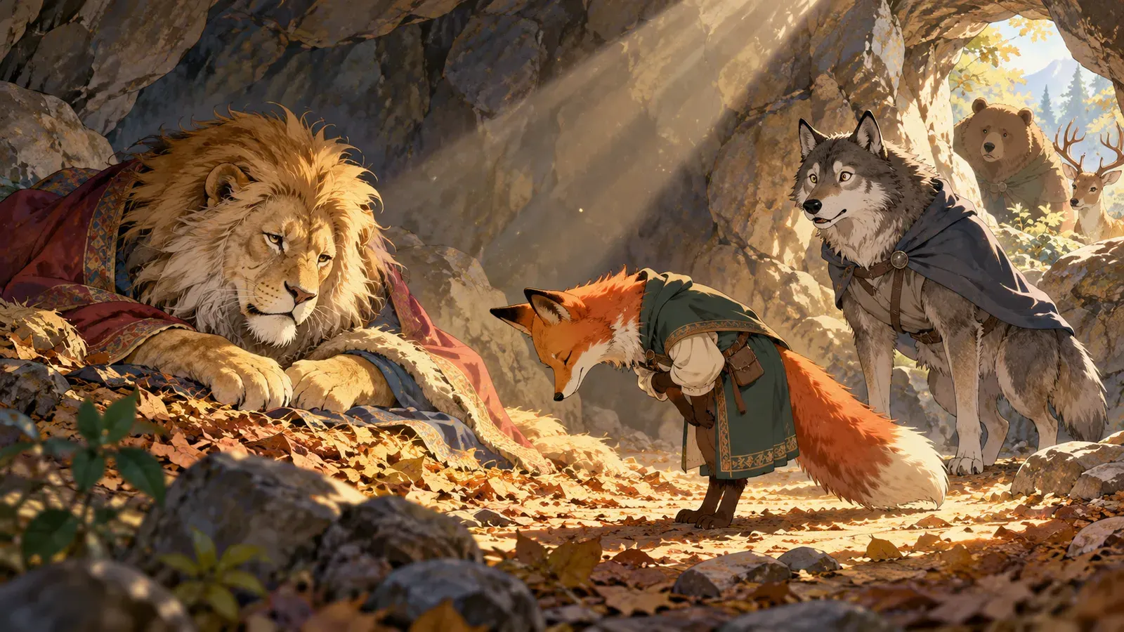 The Lion, the Wolf, and the Fox（ライオンとオオカミとキツネ）の挿絵