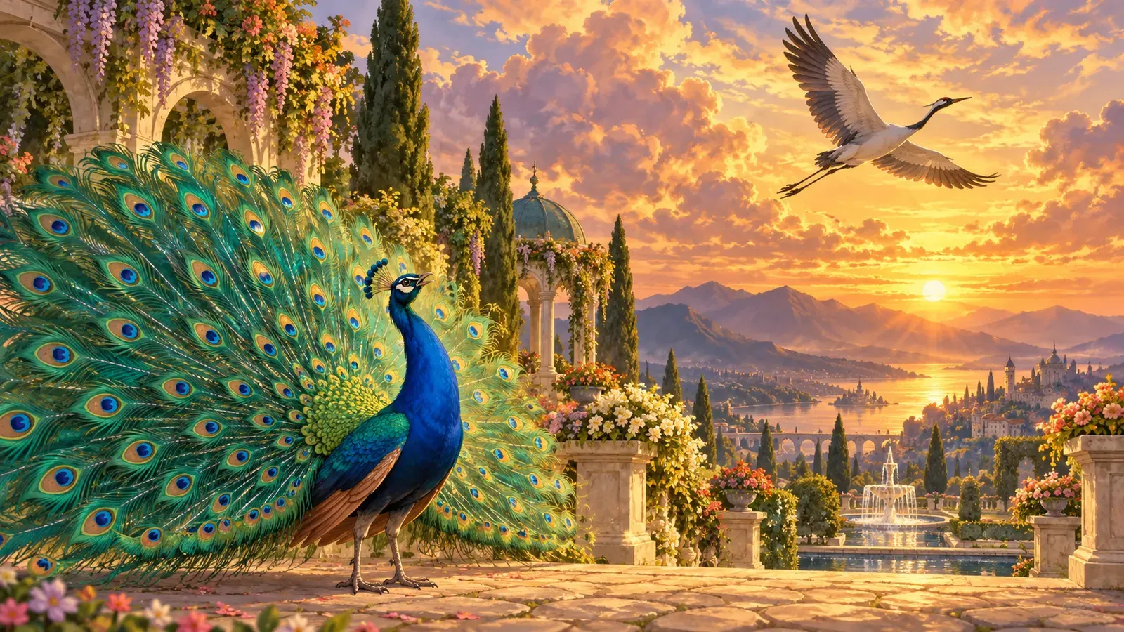 The Peacock and the Crane(クジャクとツル)の挿絵