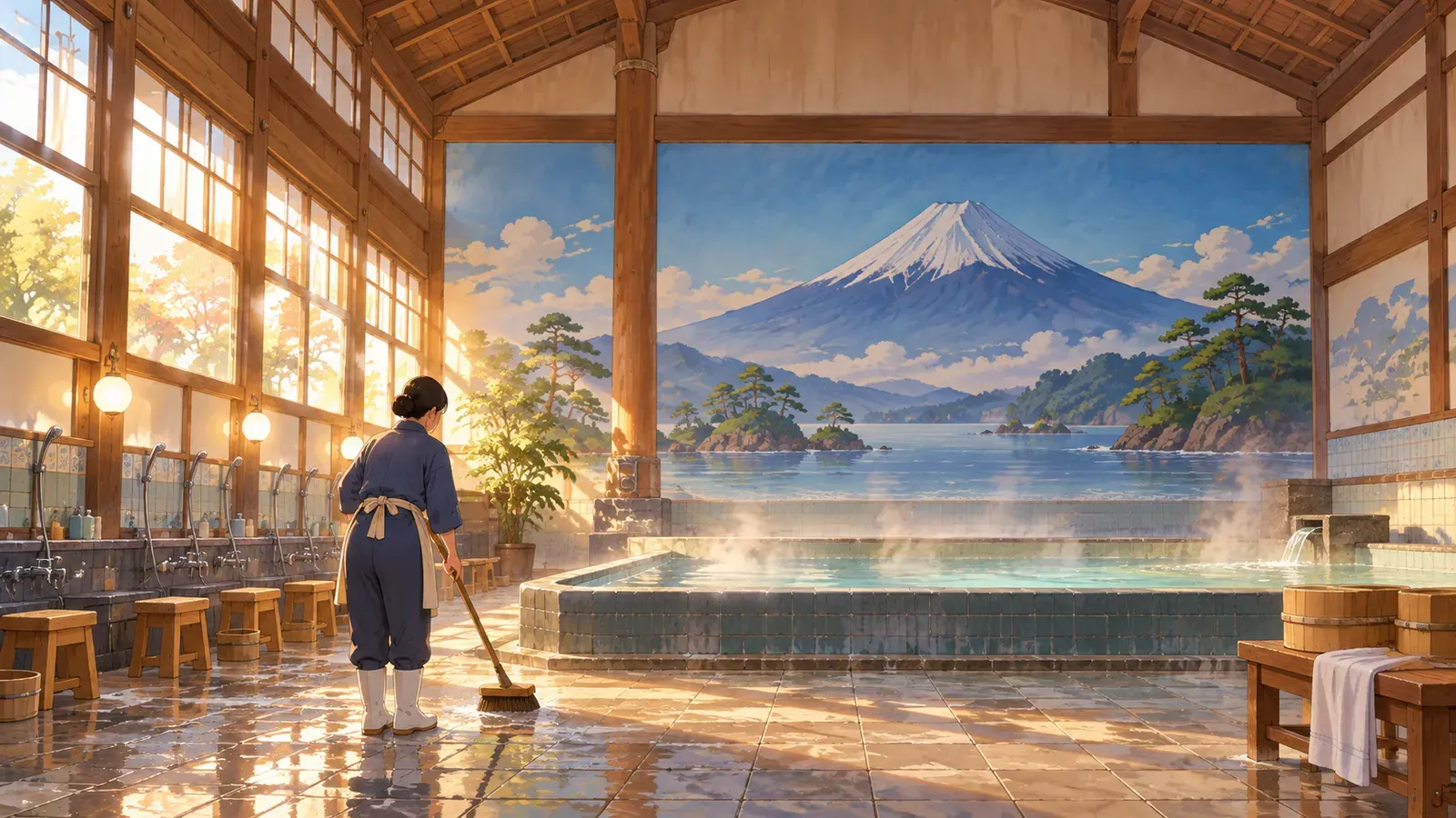 Steam and Neighbors: The Story of Japan's Public Baths(湯気とご近所さん:銭湯の物語)の挿絵