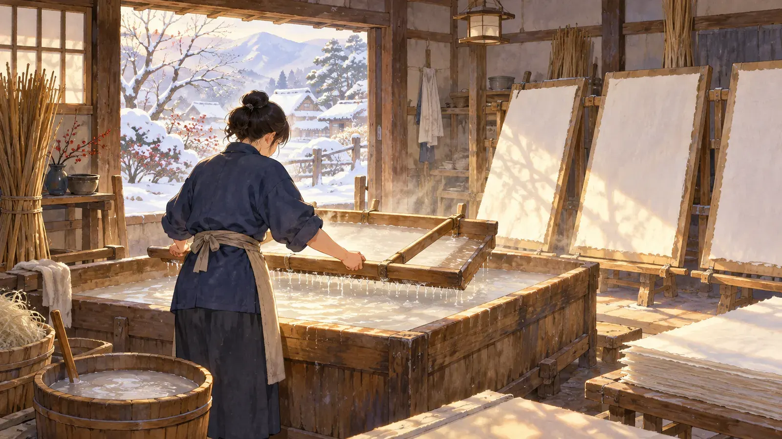 Paper and Brush: Washi and the Art of Shodo(紙と筆:和紙と書道)の挿絵