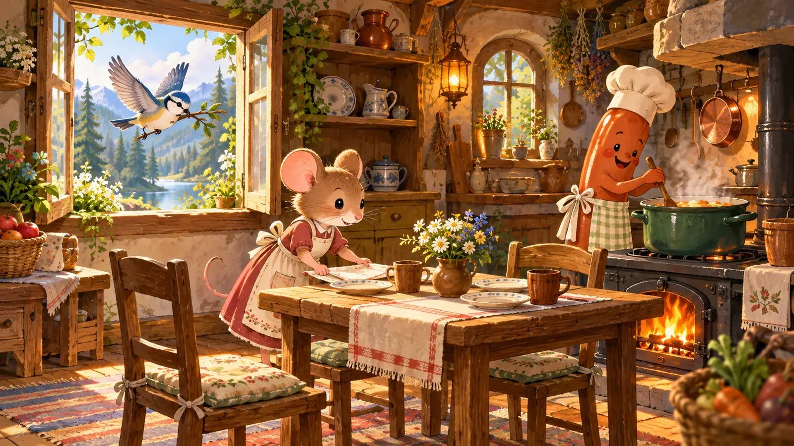 The Mouse, the Bird, and the Sausage(ネズミと小鳥と焼きソーセージ)の挿絵