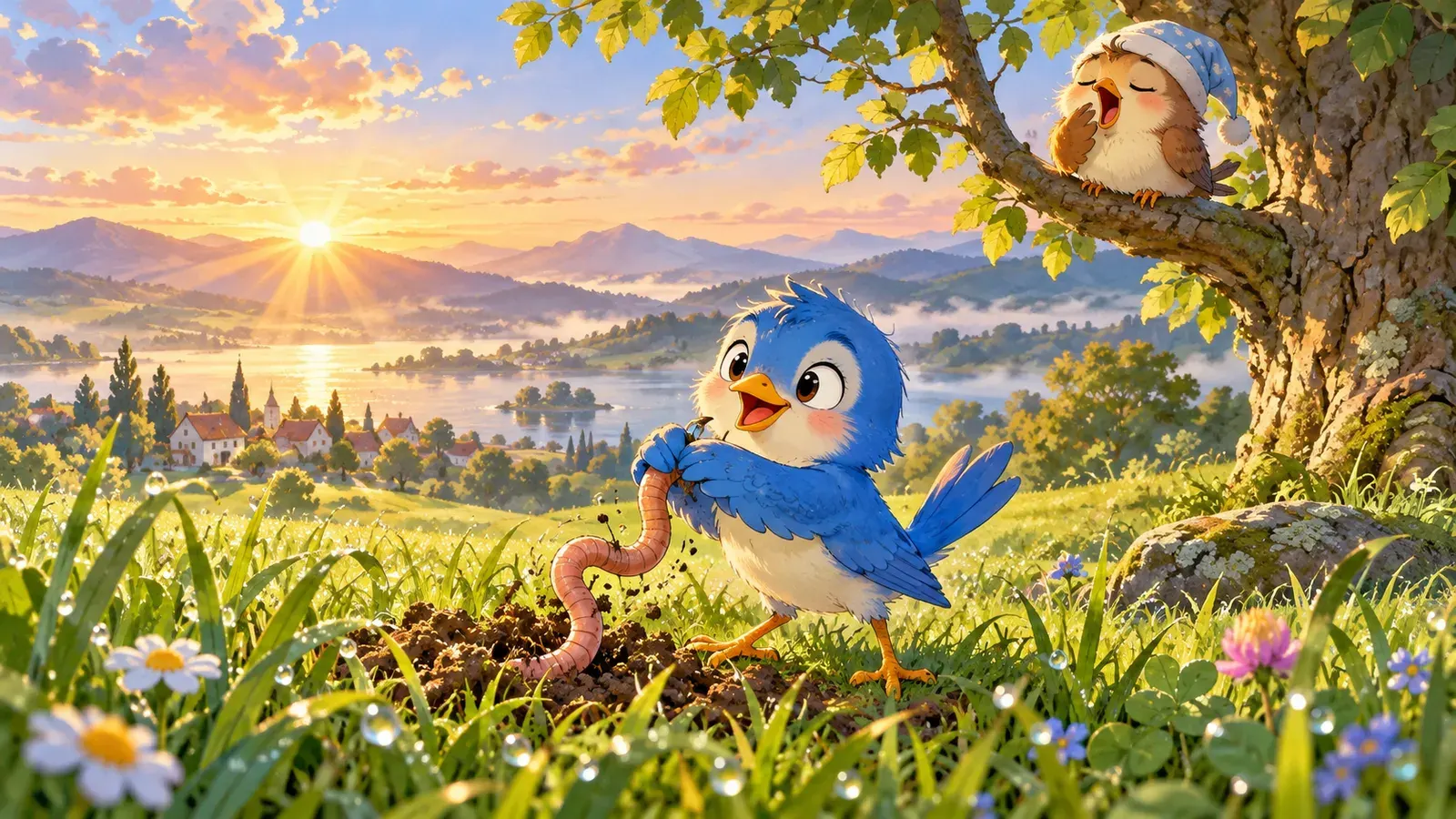 The Early Bird Catches the Worm(早起きの鳥は虫をつかまえる)の挿絵