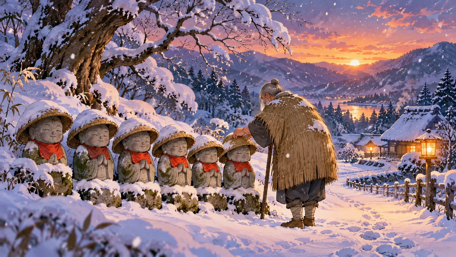 Hats for the Stone Jizo(かさじぞう)の挿絵