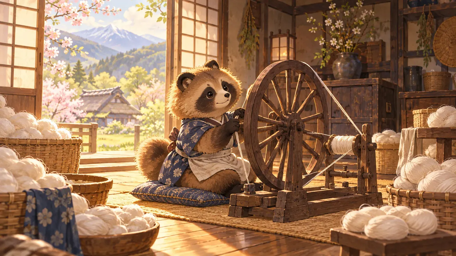The Tanuki and the Spinning Wheel(たぬきの糸車)の挿絵