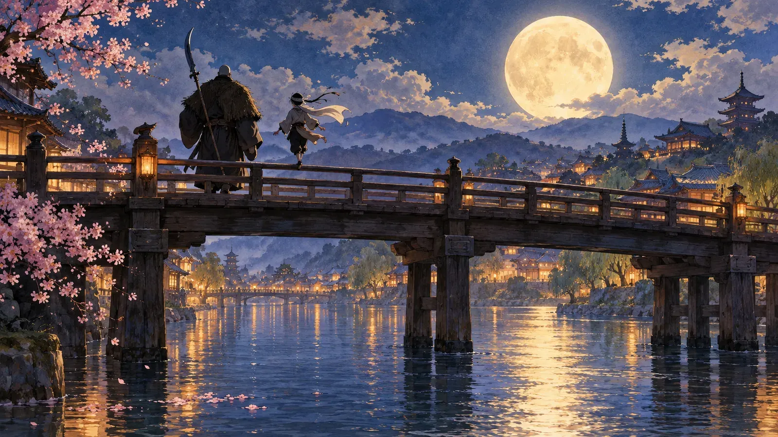 Ushiwakamaru and Benkei on Gojo Bridge(牛若丸と弁慶(五条大橋))の挿絵