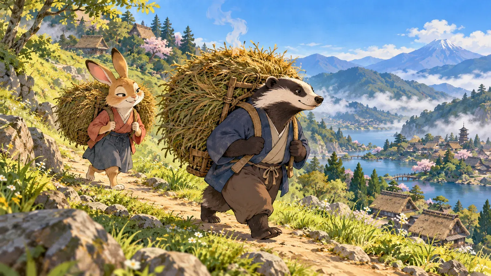 The Farmer and the Badger(かちかち山(尾崎英子『日本のおとぎ話』))の挿絵
