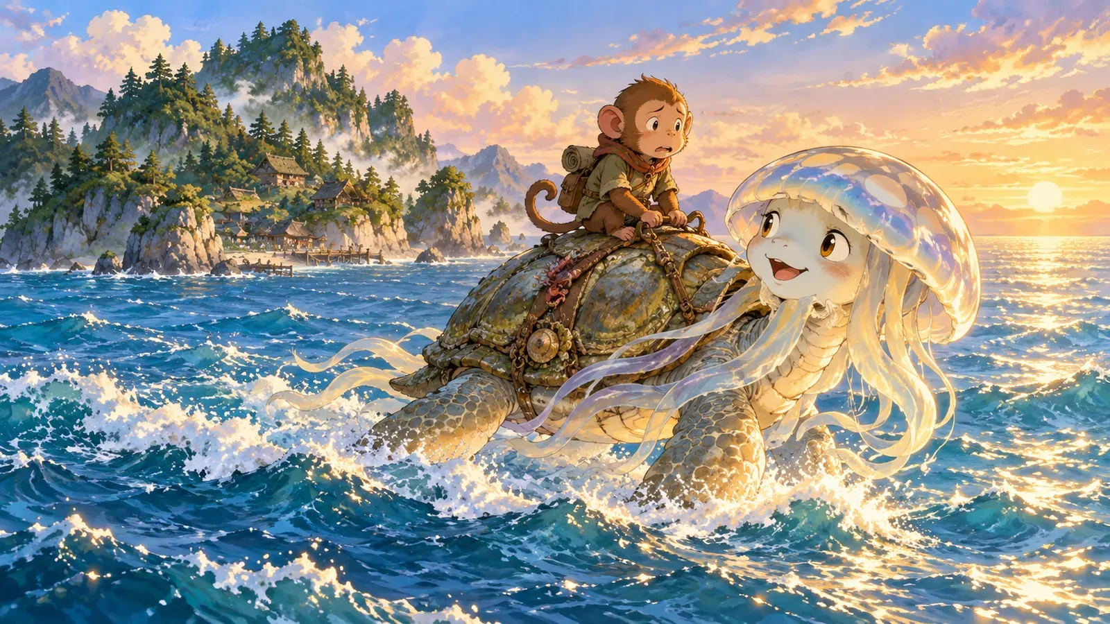 The Jelly Fish and the Monkey(くらげ骨なし(尾崎英子『日本のおとぎ話』))の挿絵