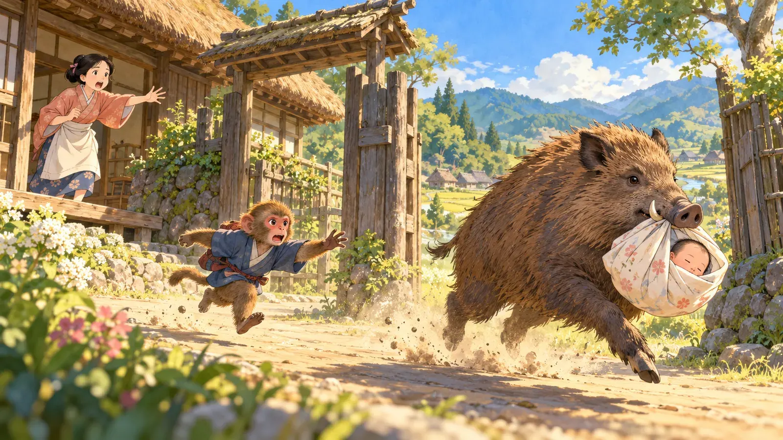 The Sagacious Monkey and the Boar(かしこい猿とイノシシ(尾崎英子『日本のおとぎ話』))の挿絵