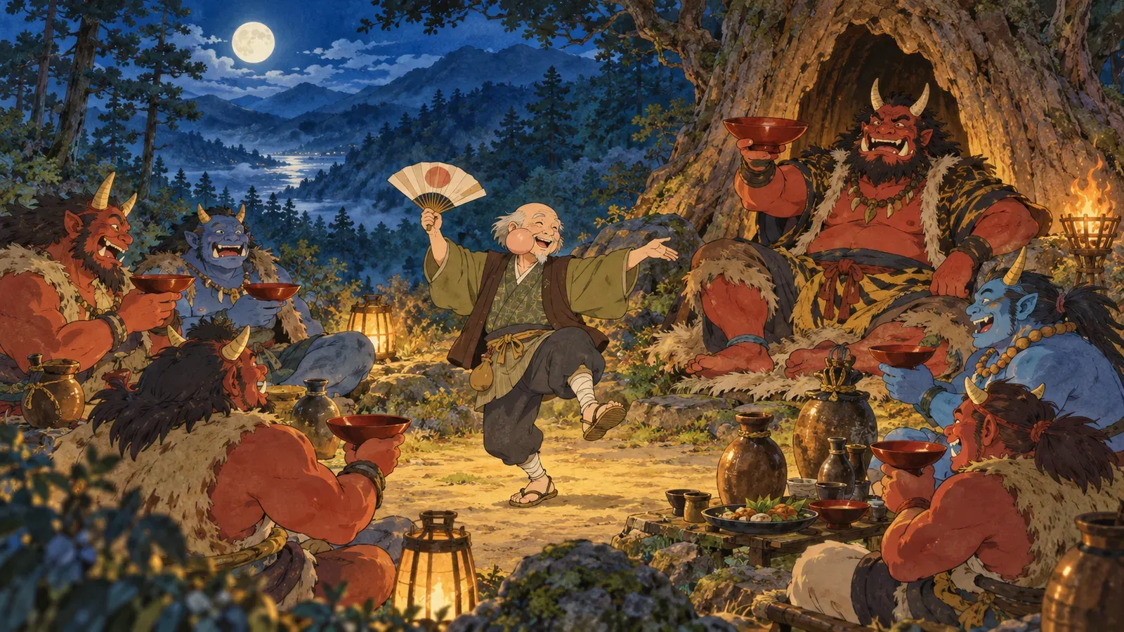 How an Old Man Lost His Wen(こぶとりじいさん(尾崎英子『日本のおとぎ話』))の挿絵