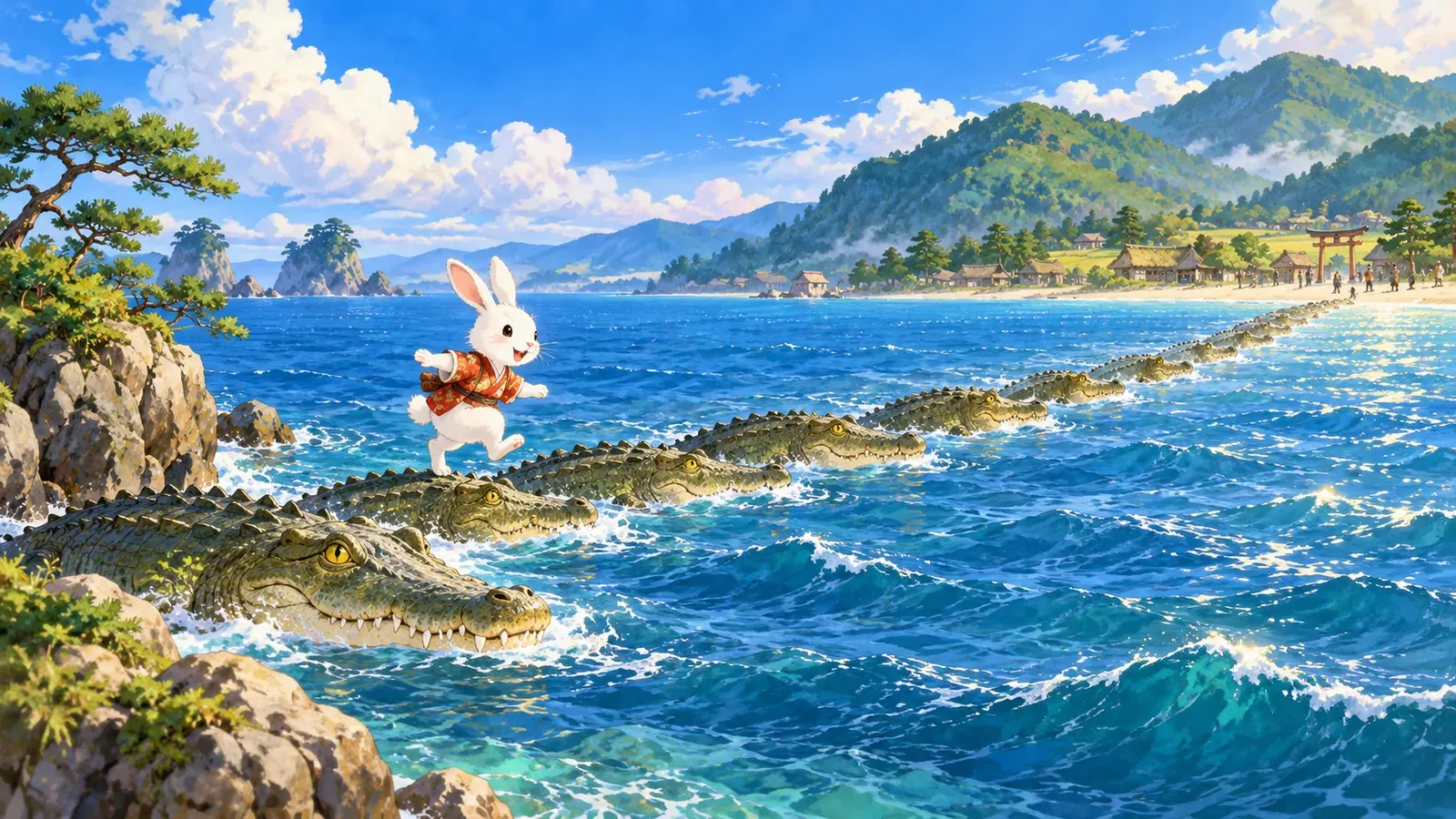 The White Hare and the Crocodiles(因幡の白うさぎ(尾崎英子『日本のおとぎ話』))の挿絵