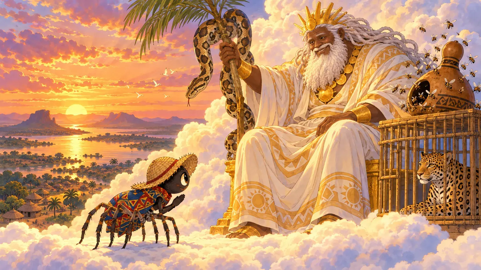 How Anansi Got the Sky God's Stories（アナンシと空の神さまの物語）の挿絵
