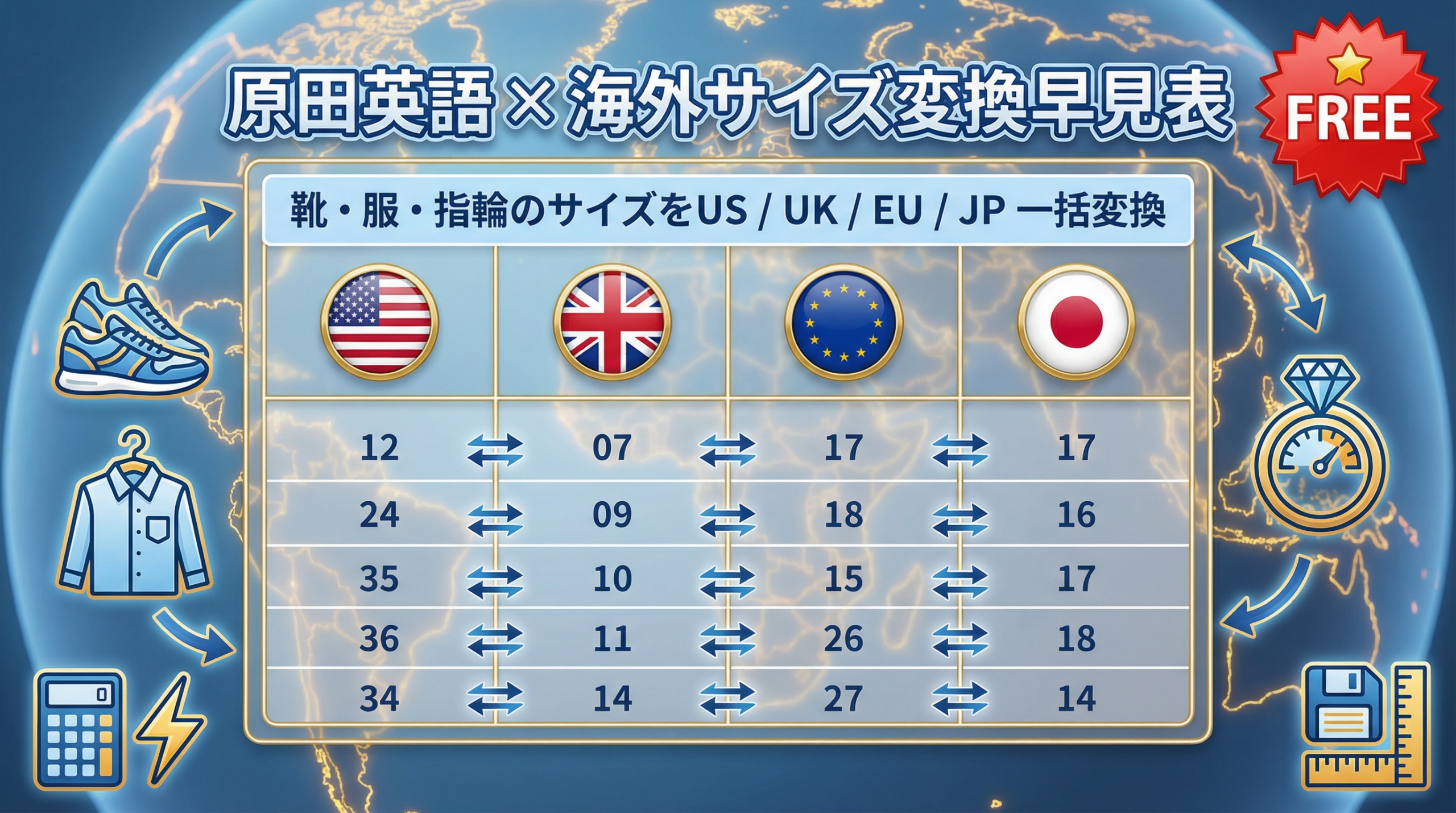 海外サイズ変換早見表】靴・服・指輪のUS/UK/EU⇔日本サイズ一瞬変換