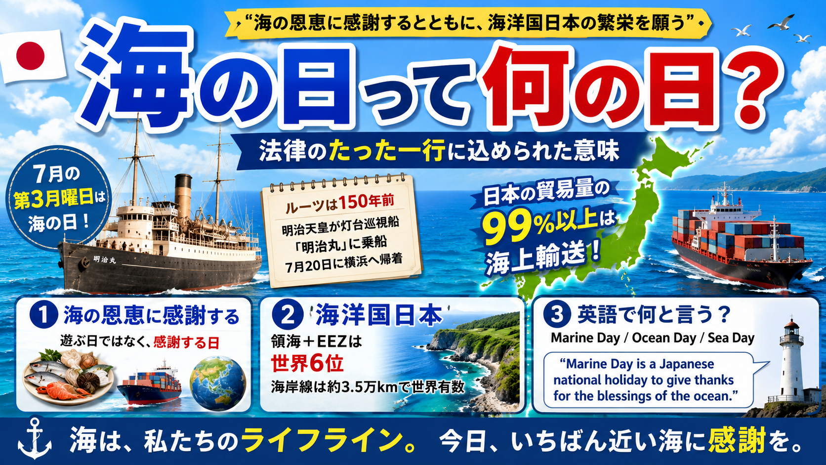 海の記念日 2026年版】海の日はなぜ日本だけの祝日？海の日の由来と英語表現を徹底