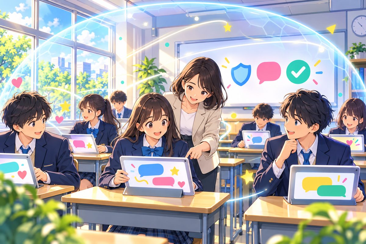 学校専用の安全なAIを使って、教室で英語の学習をする高校生のイラスト