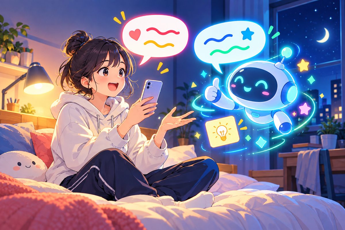 夜の部屋で、スマホのAIと英語で会話の練習をする高校生のイラスト