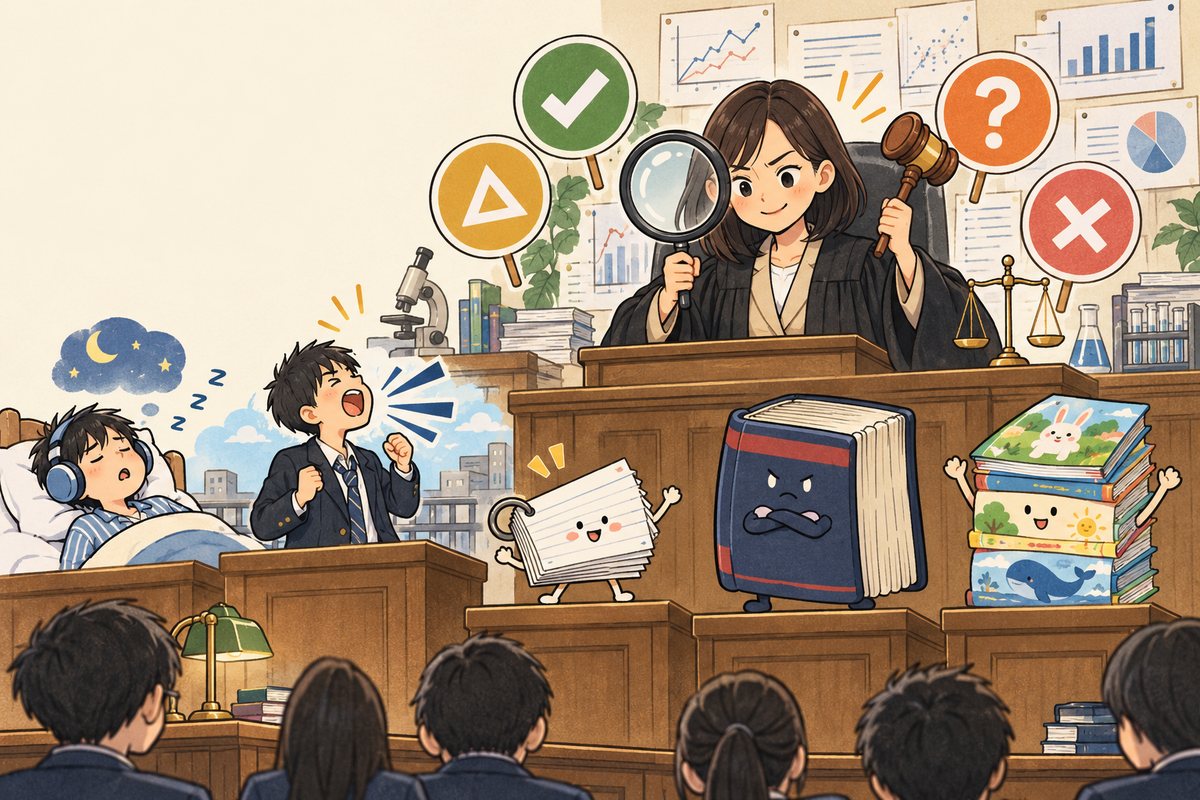 英語の勉強法を裁判官姿の先生が虫めがねで判定しているイラスト