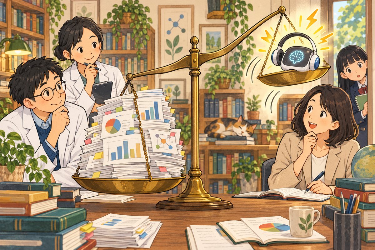 研究者と先生が天びんに論文の山と脳ハック機械をのせ、論文の山のほうが重い様子のイラスト