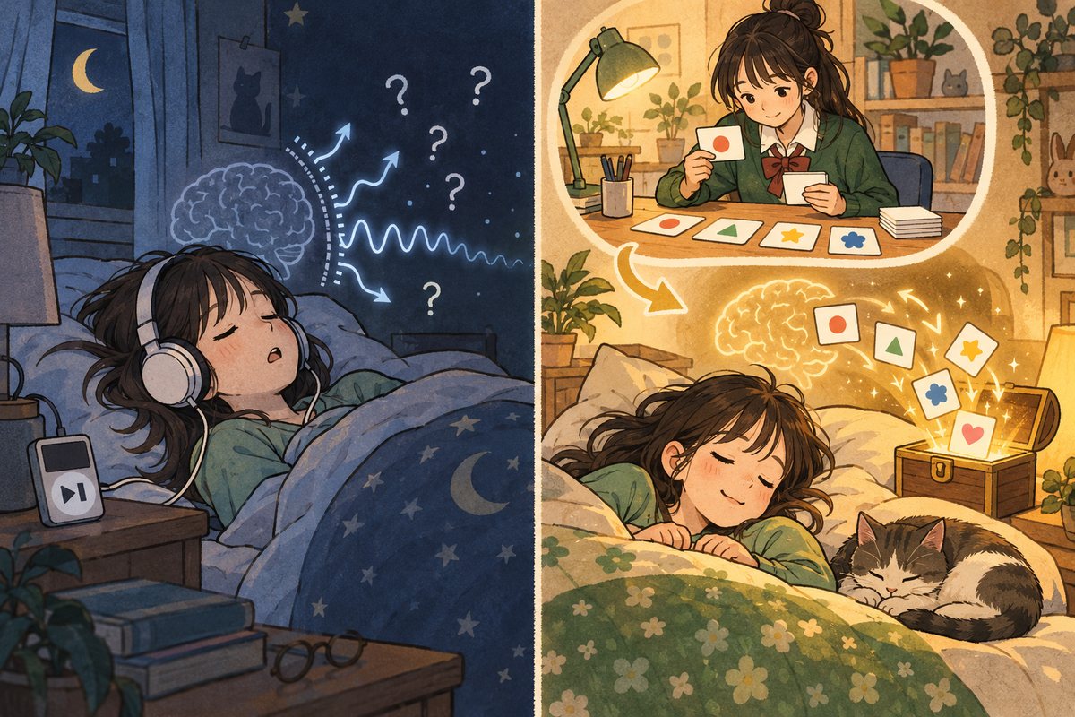 寝ながら英語を聞いても入らない様子と、寝る前に単語を復習してから眠ると記憶が箱にしまわれる様子の比較イラスト