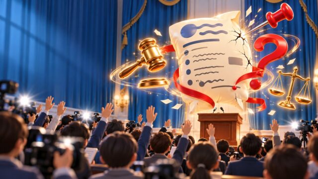 lawyer と attorney の違いを解説するイメージ。記者会見場で、ふくらんだ履歴書と裁判のハンマー・天秤が浮かんでいる
