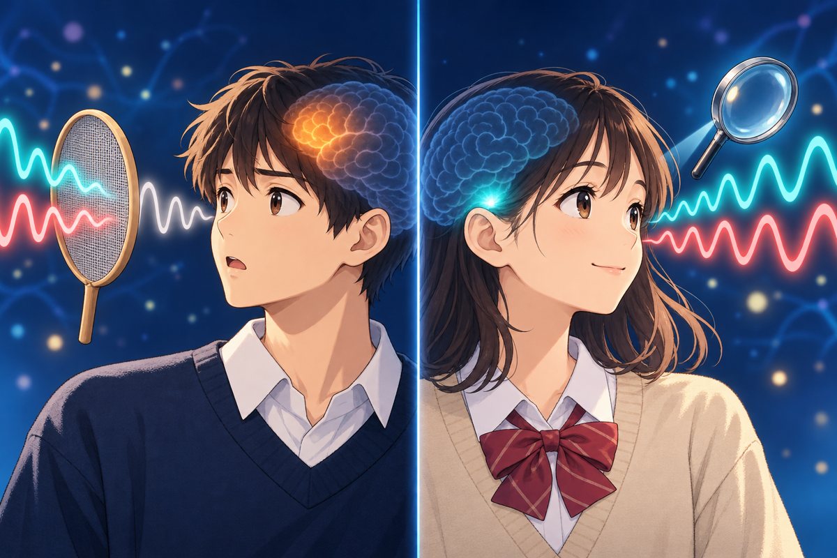 2人の学習者の比較イラスト。左の学習者には2種類の音の波がふるいのようなフィルターを通って1つの同じ波になって届き、右の学習者には2種類の波が違う形のまま届いて虫めがねで分析されている