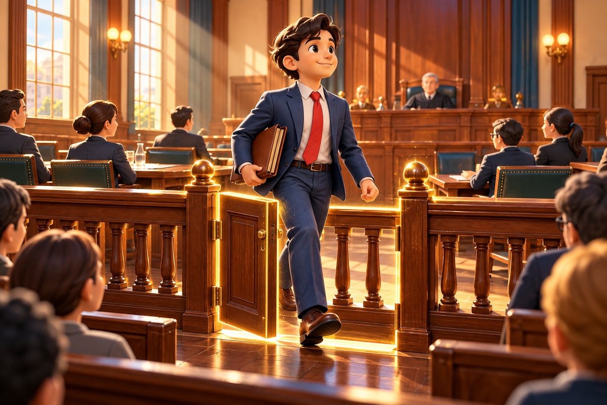 bar exam の bar の由来になった法廷の手すり。傍聴席と法曹の席を分ける木の柵を、若い法律家が通り抜けている